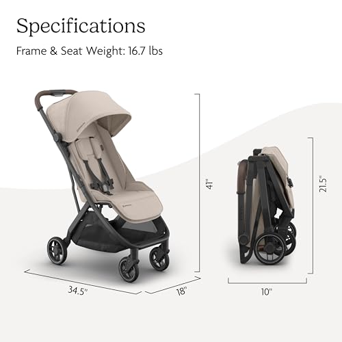 Image of UPPAbaby Minu V3 Travel Stroller - Lightweight + Compact Design - One-Hand Fold + Unfold - from Birth + Overhead Compatible - Ada (Sandstone /Carbon Frame /Chestnut Leather)