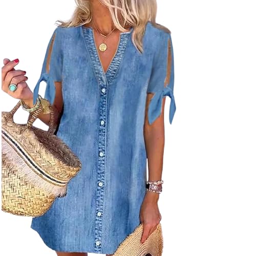 Babydoll Denim Dress for Women 2025 Summer Casual Bow Knot Short Sleeve V Neck Button Down Jean Shirt Mini Dresses