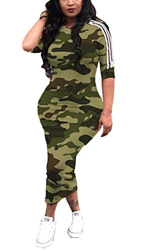 Aro Lora Women's Casual Crewneck Striped Camo Half Sleeve Bodycon Long Pencil Midi Dress X-Large Green #TOP2