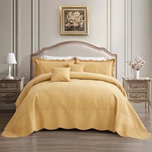 Oversized King Bedspread Cotton 128×120 Extra Wide, Reversible Paisley Pattern Design, Lightweight Bedding Cover, 5 Piece Set, Honey Gold