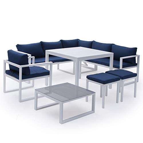 Salon de Jardin modulable Ibiza en Tissu Bleu 7 Places - Aluminium Blanc