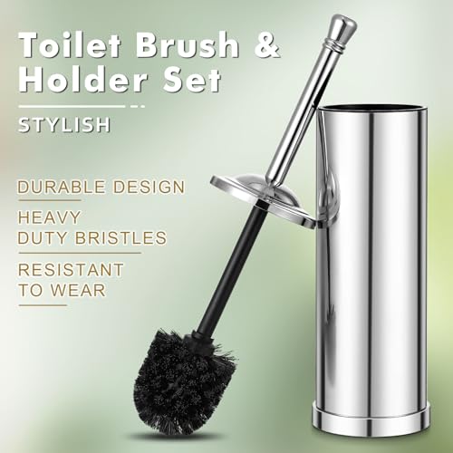 Image of Chrome Toilet Brush and Holder,Toilet Bowl Brush with Long Handle for Bathroom,Toilet Cleaner Brush-Space,Saving,Covered Brush,Durable, Deep,Cleaning,Splash Resistant (Chrome)