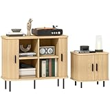 HOMCOM Sideboard Cabinet, Accent Console with Mid-Century Tambour Doors, Oak