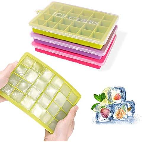 Ponsey Ice Cube Trays, 3 Pack Ice Cube Trays Silicone with Lids, Easy Release Ice Cube Mould 24 Cubes per Tray for Cocktail, Whiskey, Beverages, Juice, BPA Free, Green&Purple& Rose Red Cover