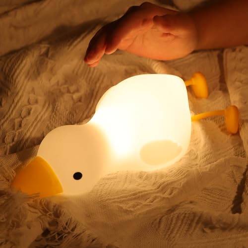 FNMYCO Cozy Lying Goose Night Light, Dimmable 3 Colors Night Light for Kids, Cute Silicone Squishy, Rechargeable Bedside Touch Lamp for Breastfeeding, Nursery, Companionship Lamp, Gifts for Baby