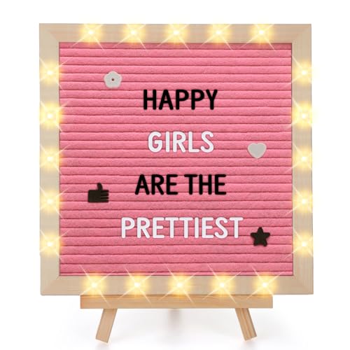 Light up Changeable Felt Letter Board Sign with LED Lights - 10×10" Message Board& Wood Stand& 450 Letters, for Halloween/Birthday/Event/Pregnancy/Baby Announcement/Home Wall Decor Girls Gifts, Pink