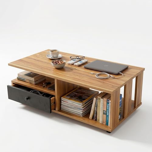 Image of FFO Modern Coffee Table with Storage Drawer & Open Shelves (90 x 60 x 45 cm) | Wooden Center Table for Living Room | Space-Saving Tea Table with Storage DIY.
