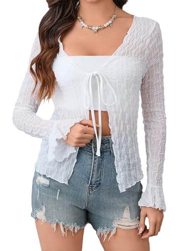 Image of Milumia Women's Y2K Textured Mesh Cardigan Shrug Tie Front Tops