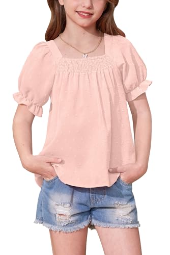 Image of BesserBay Girls Summer Puff Short Sleeve Square Neck Tee Shirts Ruffle Smocked Blouses Cute Swiss Dot Tops 5-14 Years