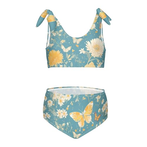 Butterflies Dandelions Pattern Butterflies Gold Girls 2 Pieces Kids Bikini Set Scoop Neck Swimsuit Swimwear Adjustable