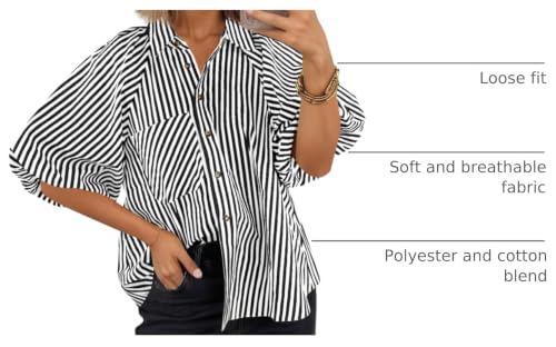 Image of Tankaneo Womens Short Puff Sleeve Button Down Shirts Striped Trendy Casual Loose Fit Blouse V Neck Collared Tops