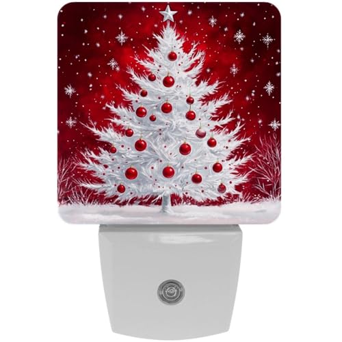Image of NEWzone Christmas Tree Red Night Light Set of 2, Auto Sensor LED Dusk-to-Dawn Nightlights, Plug-in Sensor Lamp for Bedroom Bathroom Kitchen Hallway Stairs Decorative