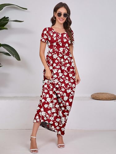 Image of DEARCASE Maxi Dress for Women Short Sleeve Casual Summer Loose Plain Comfy Long Dresses with Pockets