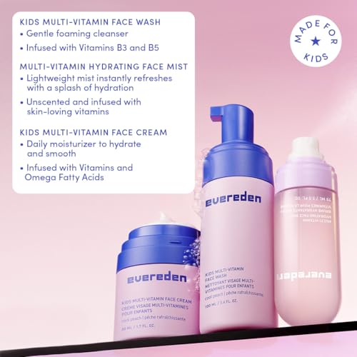 Evereden Kids Multi-Vitamin Hydrating Face Mist, Face Wash, & Kids Cream Set: Clean, Vegan, and Multivitamin-Rich Kids Skin Care Set for 6 & up - Moisturize & Refresh