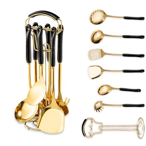 Gold Kitchen Utensils,7pieces Gold Cooking Utensils Set,Kitchen Tools Set With Utensil Holder, gold kitchen accessories,Dishwasher Safe, Easy To Clean(Black)