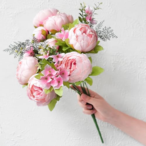 Image of FiveSeasonStuff Vintage Artificial Peonies Silk Peony Flowers and Hydrangeas for Wedding Bridal Home Decor - Beautiful Floral Centerpiece Arrangement Decoration with 2 Bouquets (Charm Pink)