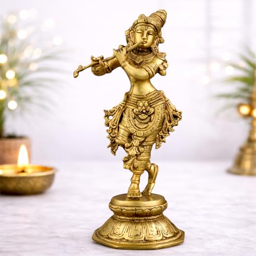 Image of 100% Pure Brass Lord Krishna Idol with Flute (23 cm) | Shree Lord Krishna Statue for Home Decor | Kanha Ji ki Murti for Office Desk | Sri Krishna Idols Gift for House Warming