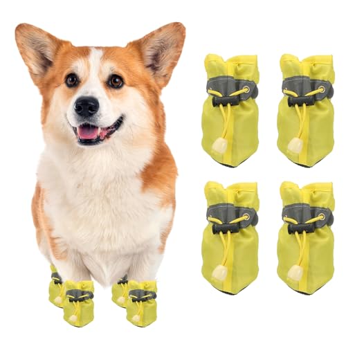 PETAXCELL Dog Shoes Dog Boots, Paw Protector Anti-Slip Sole Winter with Reflective Strap Waterproof Soft, (4Pcs, Oxford, 2.4x2, Yellow), for Small Medium Puppies/Walking/Outdoor/Hardfloor