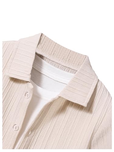 Image of RoseSeek Boy's 2 Piece Outfits Textured Button Down Short Sleeve Collar Shirts Tops and Elastic Waisted Pants