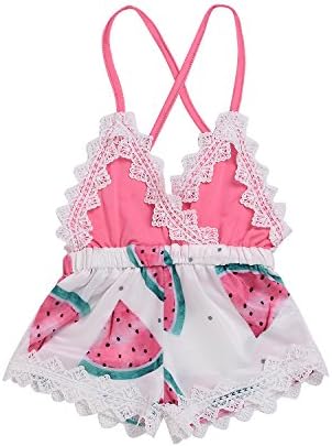 Summer Toddler Baby Girl Clothes Cute Watermelon Print Lace Trim Backless Romper Shorts Jumpsuit (Watermelon, 0-6Months)