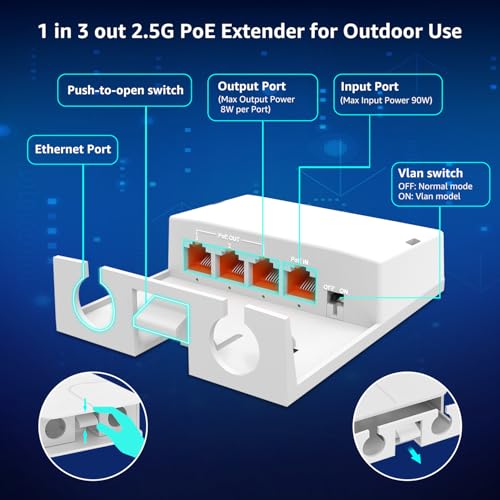 Image of YuanLey Outdoor 2.5 Gigabit PoE Extender 1 in 3 Out, 4 Port 2.5Gbps PoE Repeater IP55 Waterproof, Vlan, Extend Additional 100m(328ft) of Power and Data Transmission, Wall Mount Plug and Play