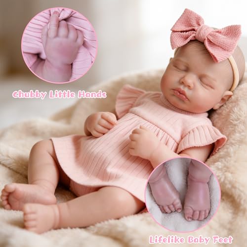 Image of EKOKIZ Realistic Baby Doll, 20 Inch Reborn Baby Doll - Weighted Soft Cloth Body with Pink Dress & Accessories, Lifelike Newborn Girl for Kids 3+ and Collectors, Cuddling & Pretend Play