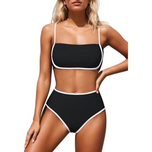 Pink Queen 2025 Women's High Waisted Bikini Sets Two Piece Swimsuit Color Block High Cut Bathing Suits Beach Black Small