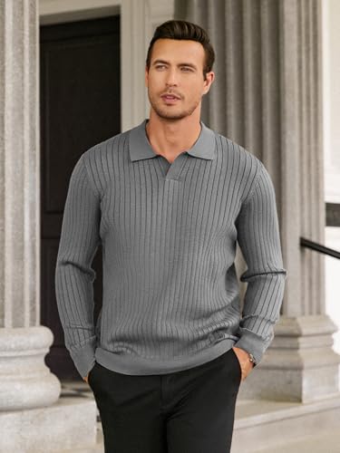 Hardaddy Men's Ribbed Knit Sweater Casual Long Sleeve Polo Sweater Collared V Neck Polo Shirts Solid Pullover Tops Gray XL — view 3