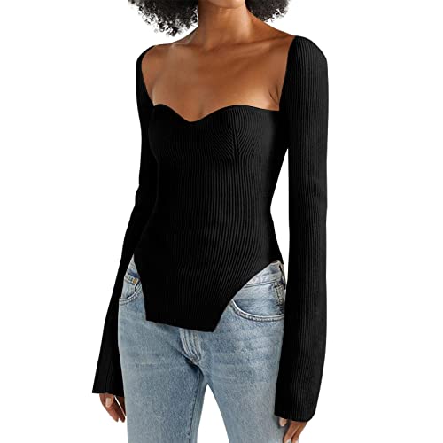 ACOSAP Women's Square Neck Ribbed Knitted Sweater Long Sleeve Crop Slim Fitted Basic Pullover Tops