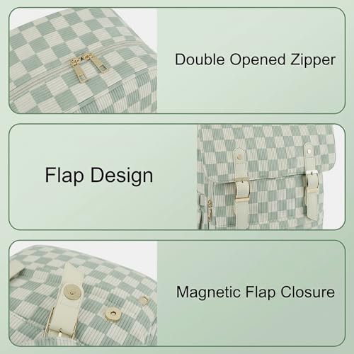 Image of Women Laptop Backpack, Corduroy 15.6 inch Travel Backpack for Work College Business, Teacher Nurse Bag with Large Capacity School Bookbag Bags for Girls - Checkered Matcha Green