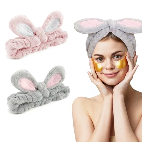 Wekuw 2 Piezas Diadema Maquillaje Mujer, Felpa Cinta Pelo Maquillaje Orejas de Conejo, Felpa Pelo Mujer,Diadema Skincare para Spa, Ducha, Limpieza Facial, Maquillaje (2 Colores)