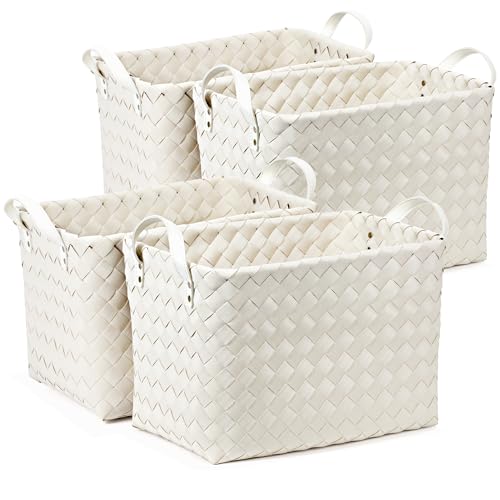 Image of Handwoven Clothes Basket Laundry Hampers Large Wicker Storage Baskets for Shelves Blankets Closet Storage Bins Car Bedroom Bathroom Organizers and Storage Bath (Pack of 4, Ivory)