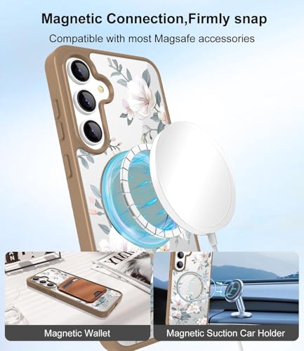 Image of VONZEE Compatible with Samsung Galaxy S25 Plus 5G Case Luxury Retro Flowers Floral for Magnetic Wireless Charging Clear Case Shockproof PC+TPU Cute Glossy Shiny Cover for Girls Women,Desert Titanium