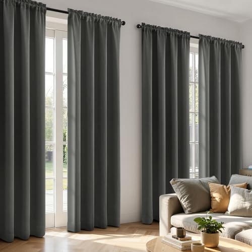 Image of MIULEE 84 Inch Length Dark Grey Blackout Bedroom Curtains Set of 4 | Thermal Curtains for Summer Heat, Light Blocking Privacy Bedroom Window Drapes, Top&Bottom Rod Pocket, Living Room