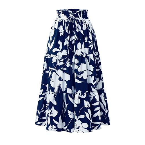 Womens Midi Skirt 2025 Summer Beach Boho Casual High Waist Maxi Skirts Vacation Floral Print Flowy Long Pleated Skirt
