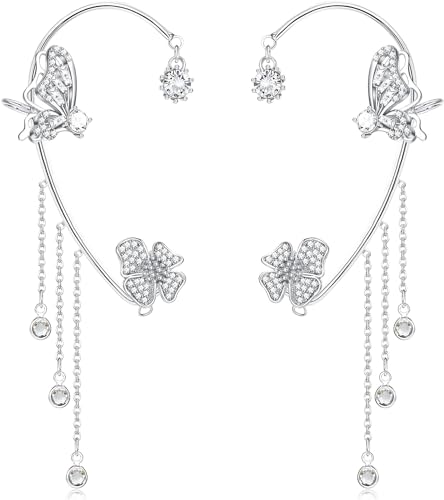 BSLVWG Ensemble de 2 Pièces Boucles d'Oreilles Papillon, Clip d'Oreille Sans Trou, Sac Fleur Gland Pour Les Femmes