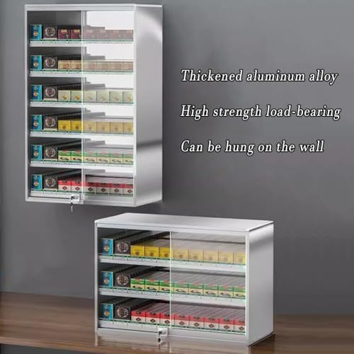 Wall Mounted Cigarette Display Rack with Lock, Auto Cigarette Pusher, Sliding Door Case Holder, Black Cigarette Showcase Cabinet, Size 92.5x28.8x75cm