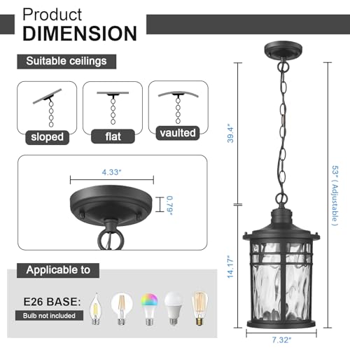 Image of Darkaway Large Outdoor Pendant Lights for Porch, 15inch Outdoor Chandelier Hanging Porch Lights Outside Ceiling Mount Aluminum with Water Ripple Glass for Front Porch Gazebo Patio