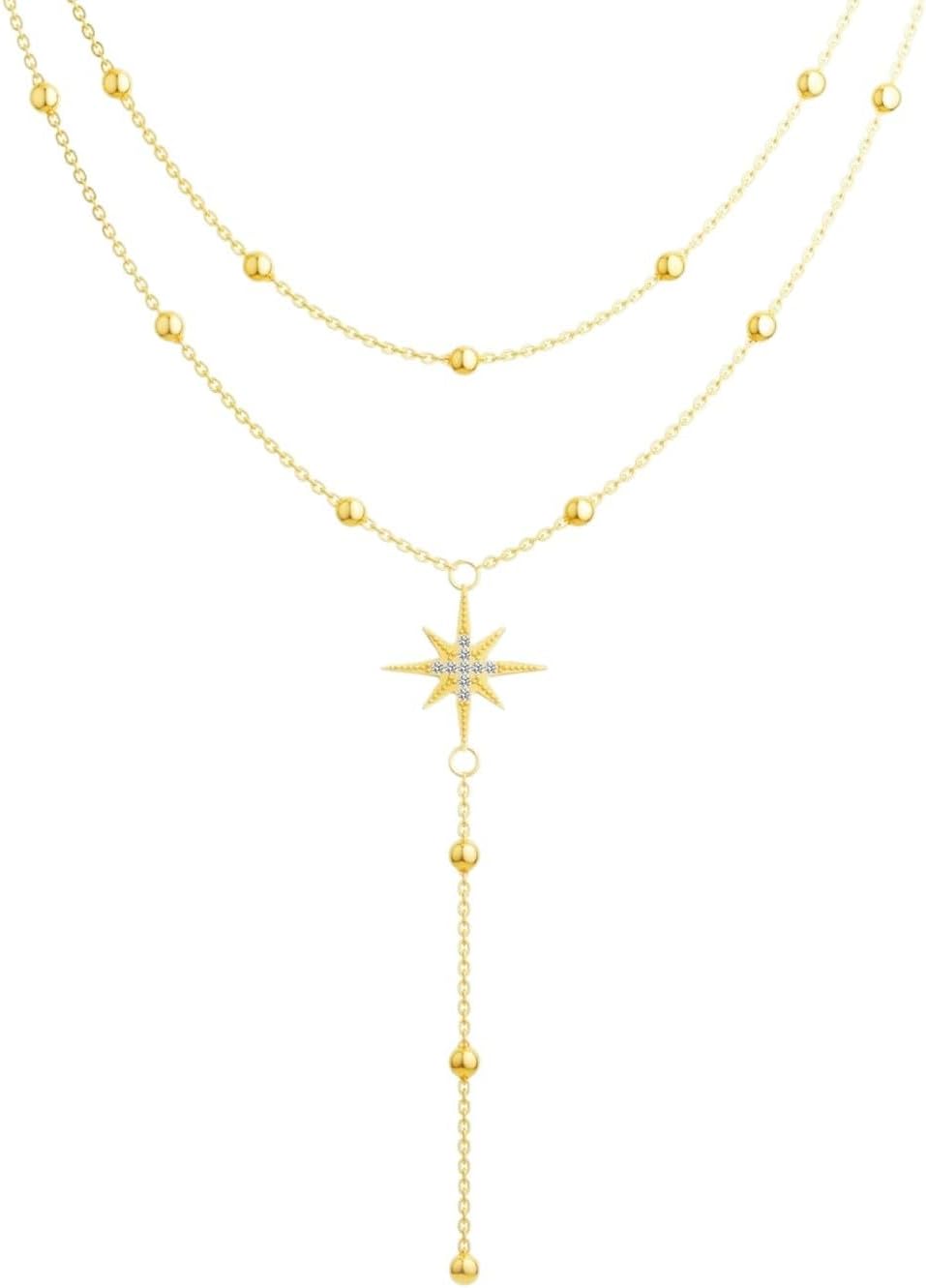 Gold Necklace for Women - Dainty Y-Shaped Long Necklace 14k Gold Plated Pendant Necklace Trendy Layered Bead Cz Chain Drop Necklaces Simple Jewelry For Women Gift - Image 6