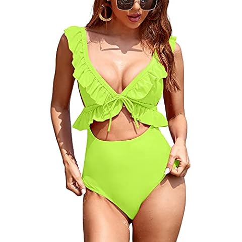Womens Retro One Piece Swimsuit High Waisted Floral Ruffled Cutout Tummy Control Bathing Suit Printing Dots Monokini Swimwear - yellow - Medium Cover