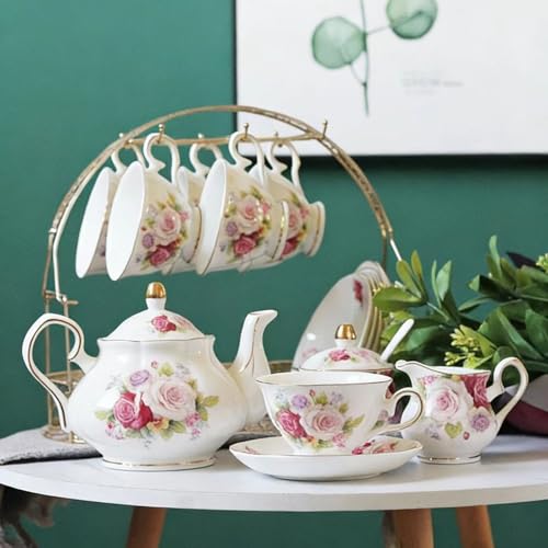 16-Piece Floral Porcelain Tea & Coffee Set Rose Pattern with Teapot Sugar Bowl Creamer 6 Cups Saucers & Golden Cup Rack Ideal for Ramadan Gift Wedding & Afternoon Tea Home Decor