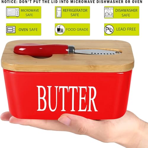 Image of Ceramic Butter Dish with Wooden Lid, Airtight Butter Keeper for Counter or Fridge with Stainless Steel Multipurpose Butter Knife, Butter Container with Double High-Quality Silicone(Red)