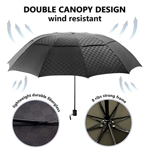 Satol Large Golf Umbrella 62 Inch, Black Automatic Windproof Double Canopy Vented 8 Ribs Sturdy Folding Umbrella, Upf 50+ Portable Wind Resistant Sun & Rain Compact Umbrellas For Travel (Checkered) #TOP2