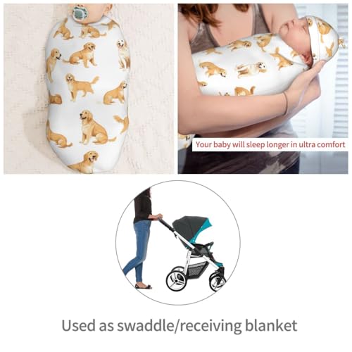 Image of Painting Golden Retriever Newborn Swaddle Blankets Hat Sets Soft Baby Receiving Blanket Swaddle Sack for Baby Shower Infant Boy Girl Gift