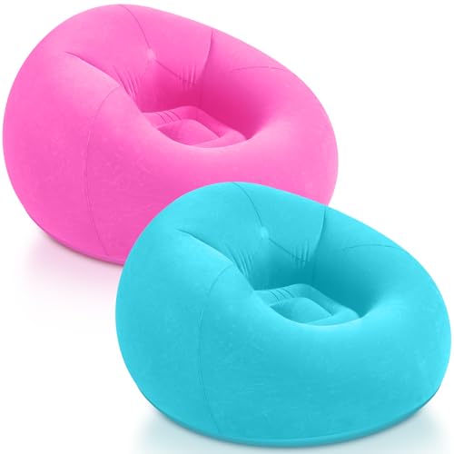 Realspring Inflatable Bean Bag Chairs Outdoor Blow up Camping Chairs Inflatable Lazy Sofa Folding Portable Bean Bag Loungers Couch for Movie Night(Pink,Lake Blue,2 Pcs)