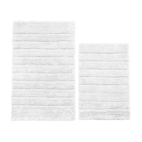 Allure Ribbed Two Piece Bath Mat Set 100% Cotton – Super Soft, Absorbent, Quick Dry Pack of 2 Textured Bathroom Mats (White)