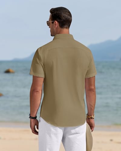 Image of J.VER Mens Linen Shirt Short Sleeve Button Down Casual Summer Shirts | Cotton Linen, Untucked, Big Tall, from Beach Camp Vacation, Cruise Fishing, Work Office, to Wedding Party Family, with Pocket
