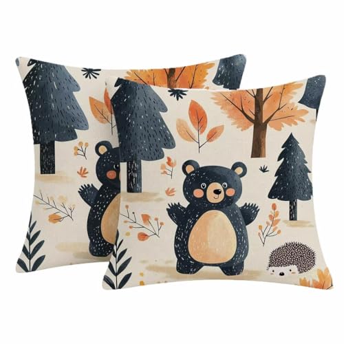Image of Waterproof Outdoor Cushion Covers 60x60cm,Hedgehog 2 Pack Linen Bear Double-sided Printing Invisible Zipper for Sofa Chair Living Room Patio Garden Decorative Throw Pillow Cases 24x24 inch-2564
