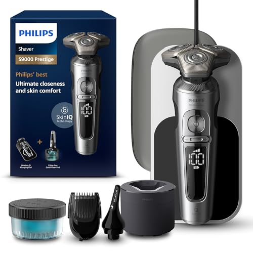 Philips Wet and Dry Electric Shaver Series 9000 Prestige Razor with NanoTech Dual Precision Blades Hydro SkinGlide Coating Ultraflex Suspension System Top-Spin Digital Motor (Model SP9885/35)