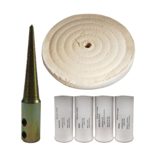 (1) White 4" Cotton Buff, (1) Buffing Compound 4PK, (1) Tapered Spindle